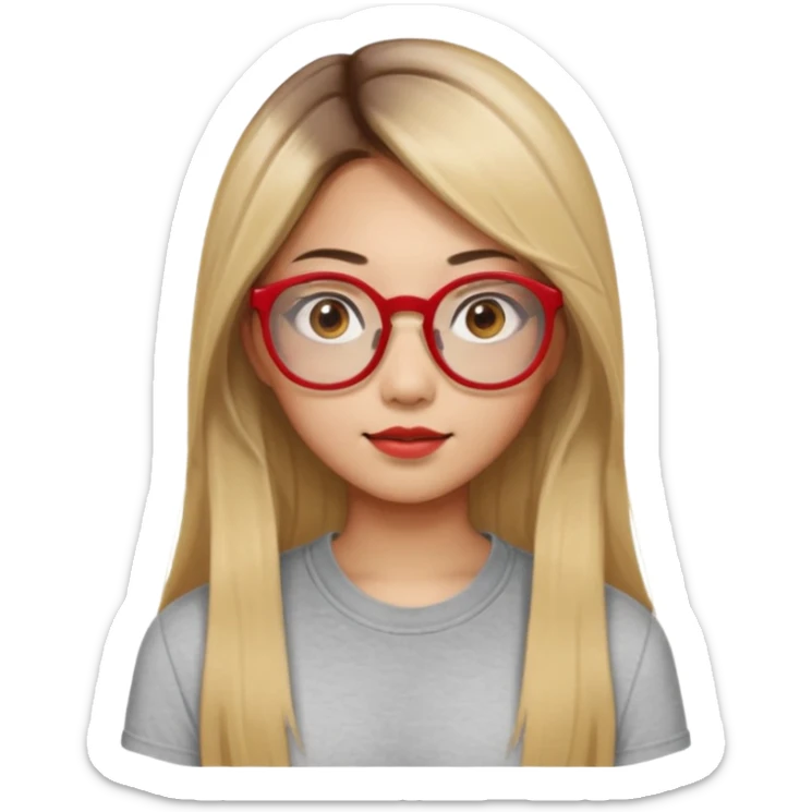 20 yr old asian woman, straight thick long brown hair, blond at ends of hair, center part to hair, big red glasses, brown eyes, casual shirt sticker