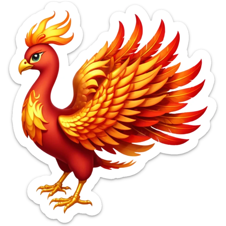 Cinematic Noble fierce & powerful Fire Phoenix Portrait Emoji, Poised and resplendent, with a radiant, fiery plumage in brilliant hues of scarlet, gold, and ember, featuring elongated, elegant tail feathers that flow like molten lava, and piercing, wise eyes reflecting the eternal cycle of rebirth; rendered with lifelike texture and luminous natural highlights, high shine, majestic and awe-inspiring, styled with an aura of mythic resurgence, focused and regal, soft glowing outline, capturing the essence of a legendary phoenix rising from the flames with timeless grace! sticker