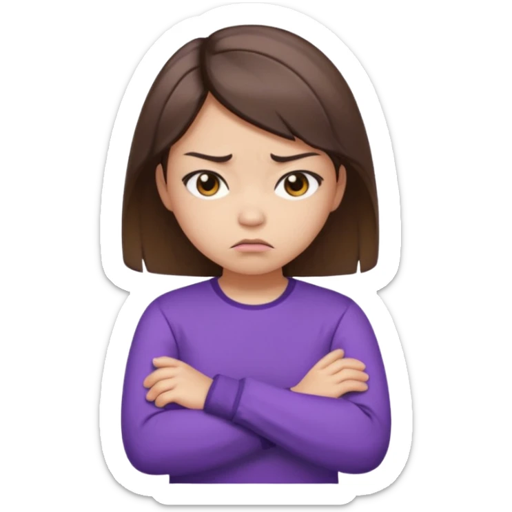 Angry Pouty girl with small asian eyes folding arms in a purple longsleeve shirt she has fair skin and medium length brown hair with highlights sticker