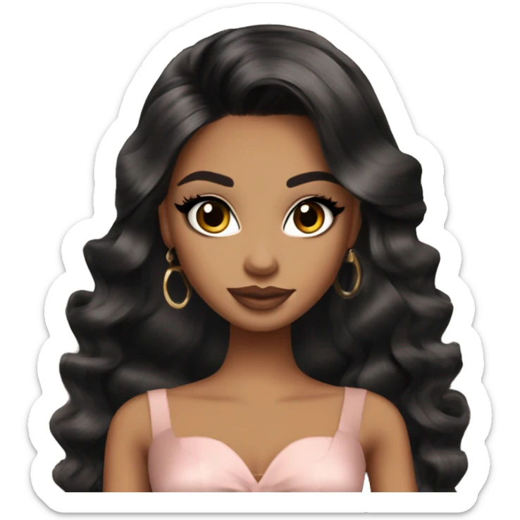 Bratz, club, cocktail dress, black balayage hair, half up half down hair, olive skin, brown almond winged eyeliner with big lashes sticker