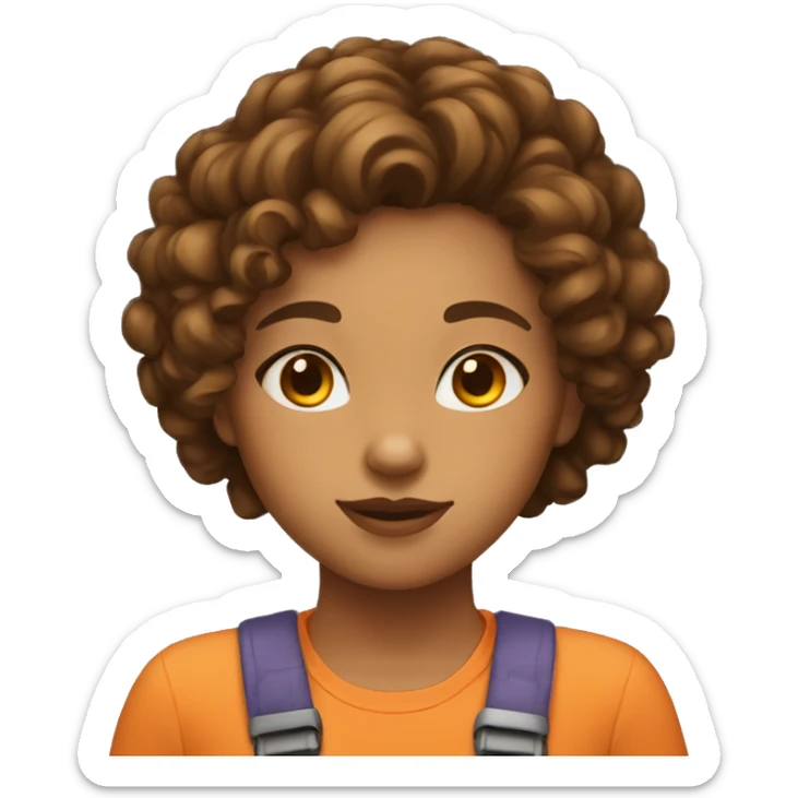Girl with tan skin and short curly hair and big nose with orange cat sticker