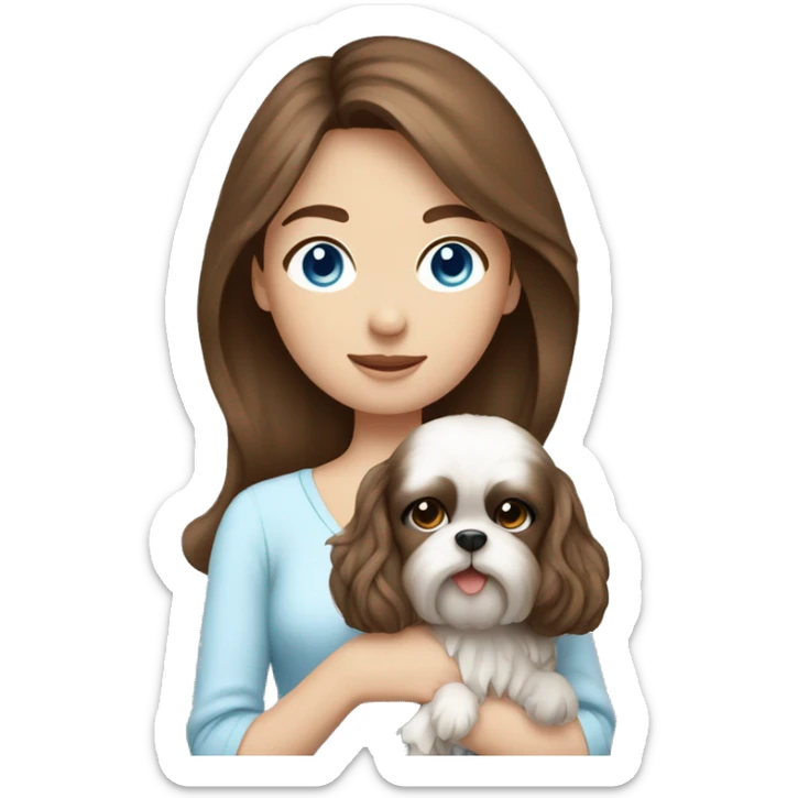 Brown hair girl with blue eyes holding shih ztu sticker