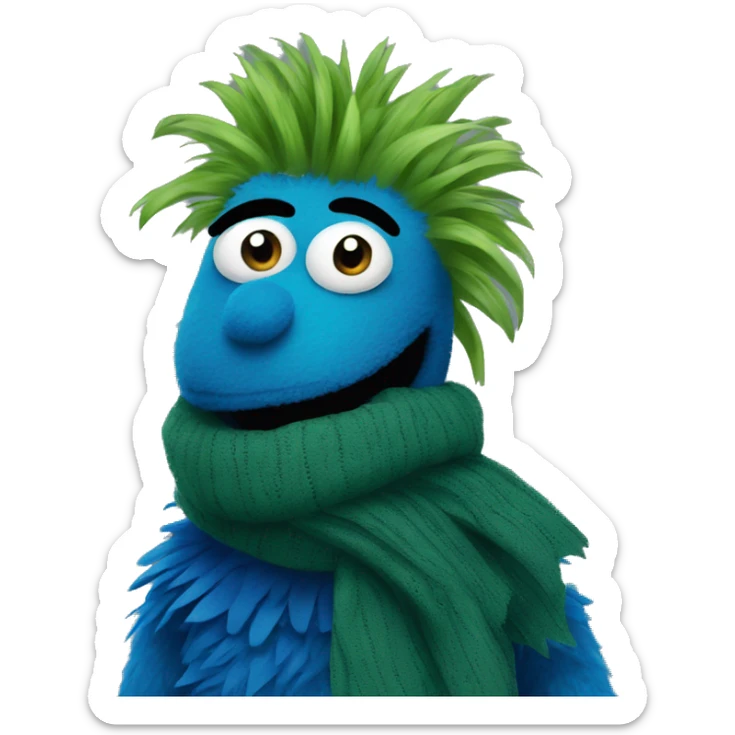 A blue muppet with very dark green spiky hair over their eyes, wearing a scarf sticker