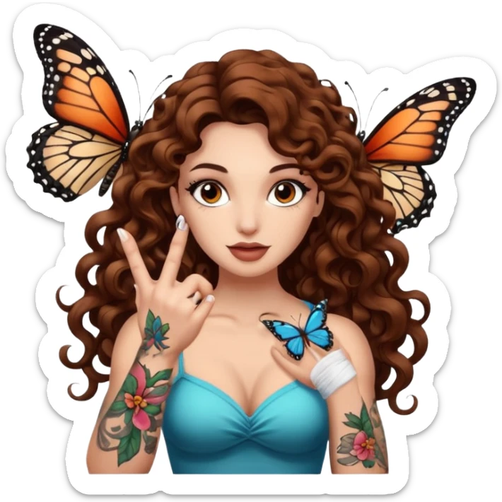 portrait woman long curly brown hair brown eyes white skin tattoos muscular build butterfly landing on finger sticker