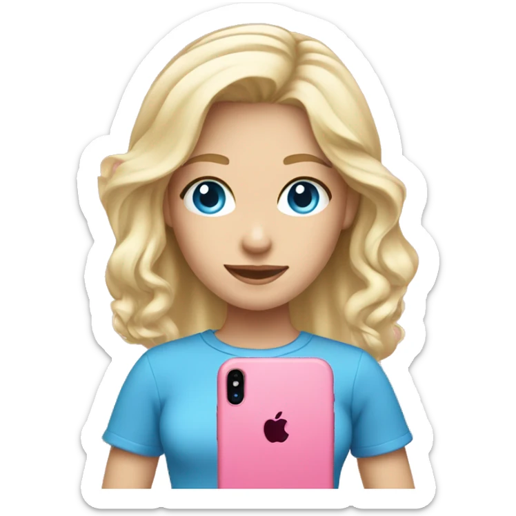 a white blond hair girl with blue eyes wearing a pink shirt holding a pink iphone  sticker