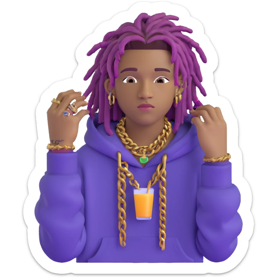 Juice WRLD with purple dreadlocks, designer hoodie, gold chains, and signature style sticker