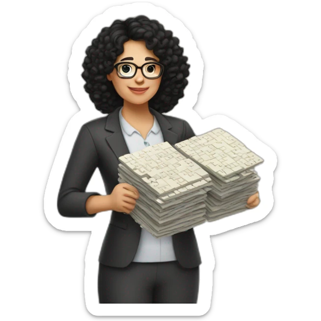 plump woman teacher in glasses with curly black hair holding large puzzles in her hands sticker