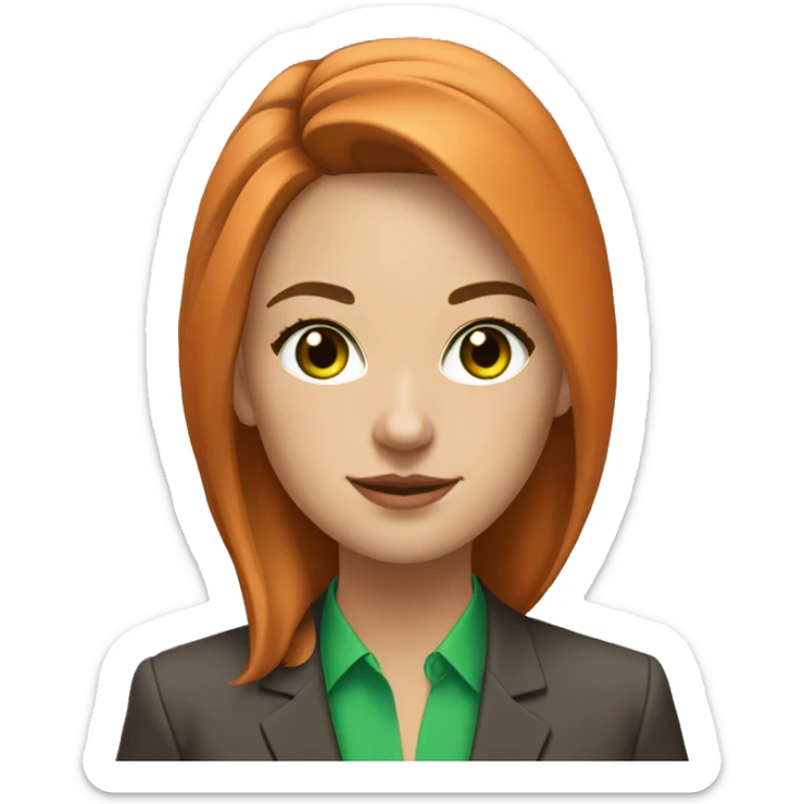 the portrait of young woman with bright green eyes, fair light skin and brown hair in orange business suit sticker
