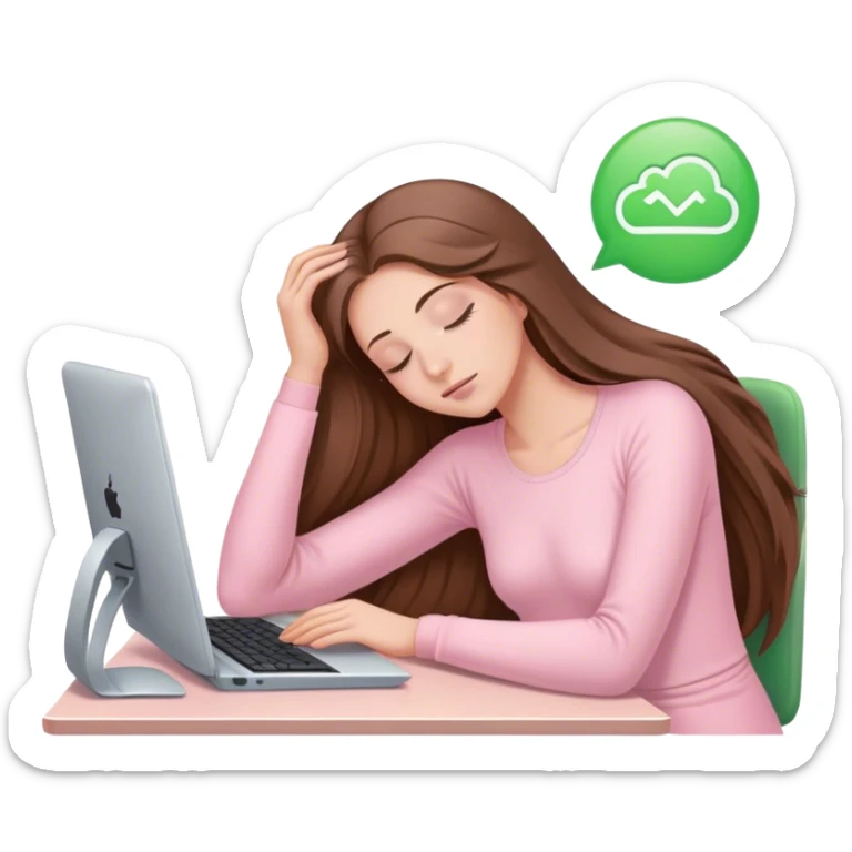pretty woman with very long brown hair and green eyes and light pink outfit sleeping working on a computer sticker
