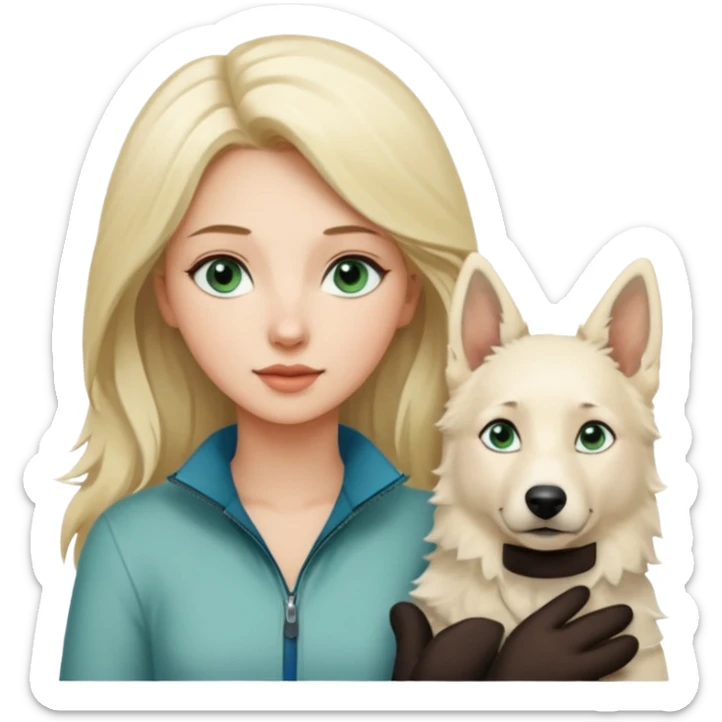 A white blonde Hair Woman with blue Green eyes with a White Shepard with a little bit beige in the fur in a lovely pose  sticker