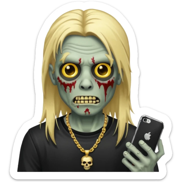 make a iphone emoji who is a zombie man with long blonde hair with light brown roots, with a black punk shirt and a golden neckless sticker