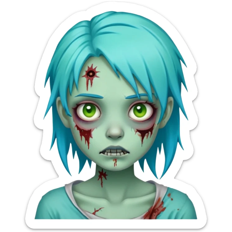 zombie girl with turquoise blue hair, pale green skin, stitches on face, cartoonish undead appearance sticker