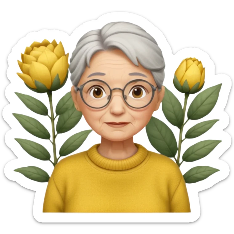 Abuela con arrugas, cabello canoso blanco en moño, expresión tierna, gafas redondas, suéter amarillo y detalles relacionados con plantas. Estilo amable y acogedor. sticker