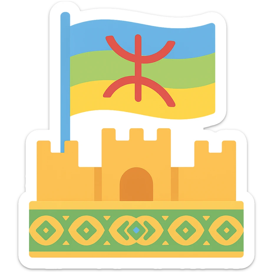 The Amazigh flag waving in the sky above a decorated Moroccan Amazigh fortress with Moroccan zellige patterns, in a modern colorful icon style, maintaining a transparent background. sticker