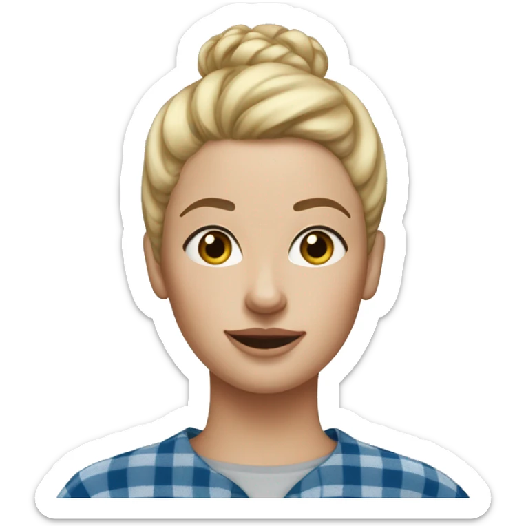 Blonde woman with freckles, blonde hair in a high bun, blue flannel, and gap in her tee sticker