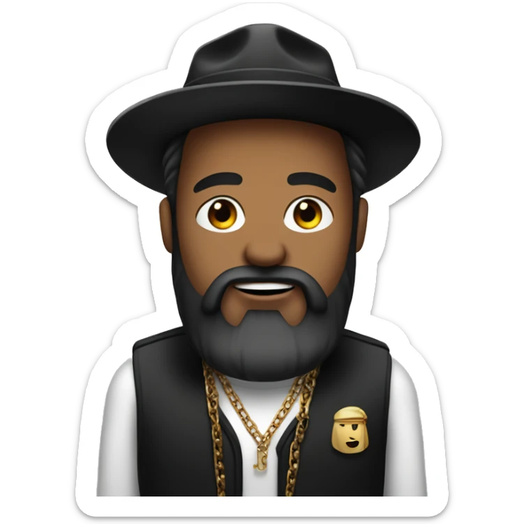 man with minister hair style and rapper hat and chain FULL BEARD , black eye sticker