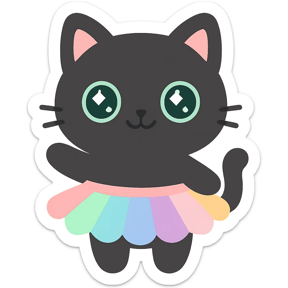 big black cat, green eyes, colorful tutu, kawaii style, adorable and soft sticker