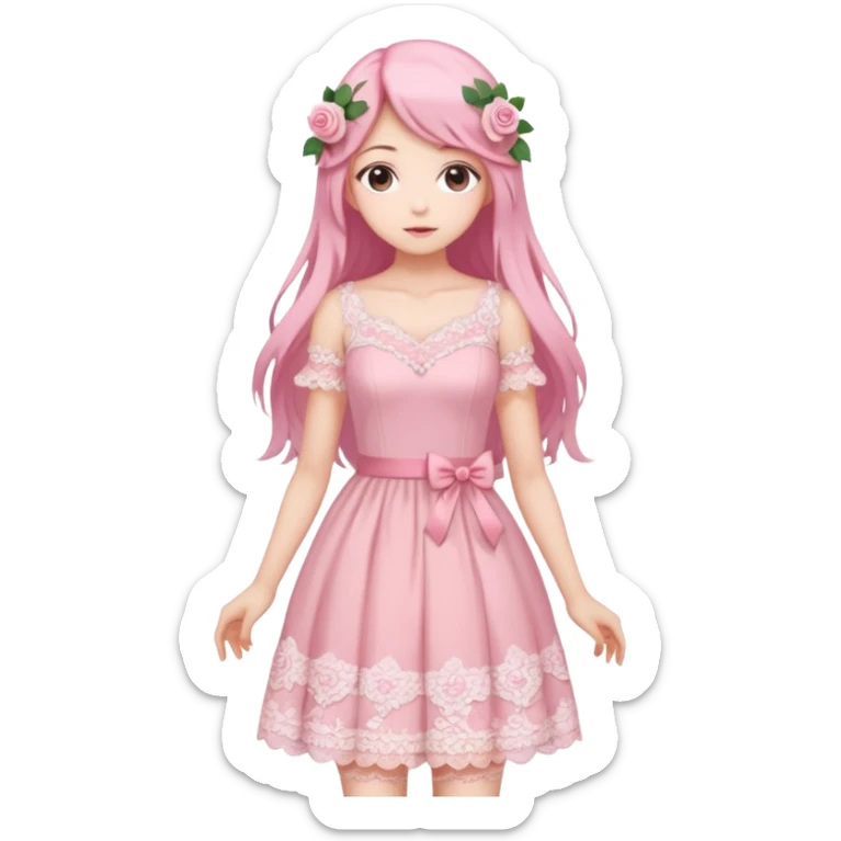 pastel anime woman with pink and white lace dress full body and long hair with roses sticker