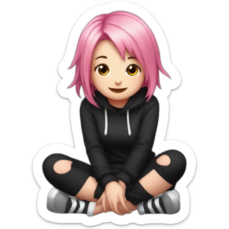 Full body Front view curvy emo girl pink hair sits on the floor straight view hands up black skirt белые трусики полосатые рваные чулки sticker