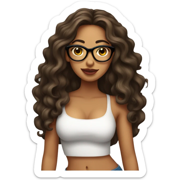 Latina girl with long wavy hair slim face and glasses with big lipswearing a tube top sticker