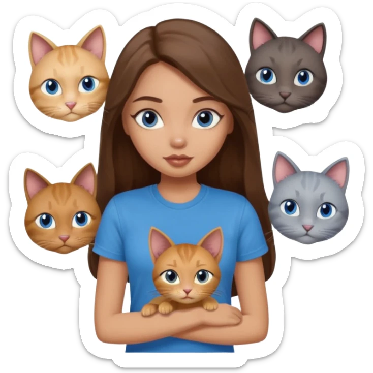a pretty bratz dusky light skin girl with long brown hair, blue eyes with six cats nd wearing a grey tshirt sticker