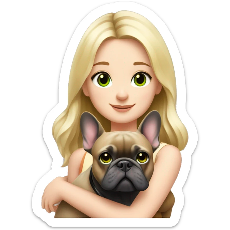 A blonde girl with green eyes with a square hugs a French bulldog with brown eyes and dark gray fur sticker