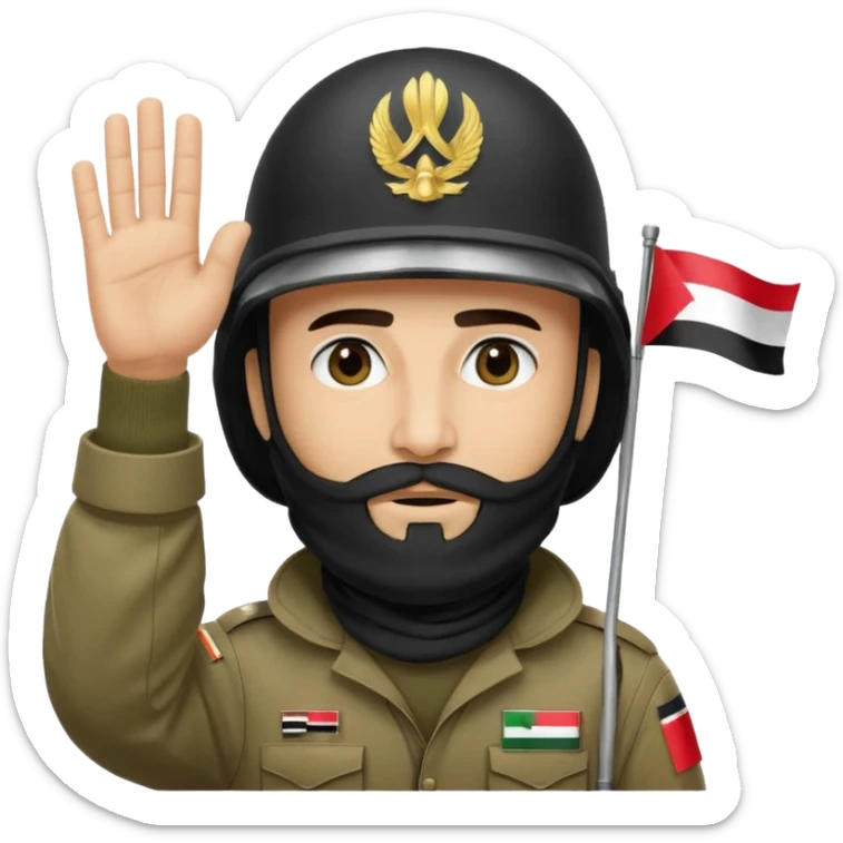 surrenders, depicts an Iraqi soldier from 1980, with a beard, in a helmet, a helmet with sign flag Iraq, with a balaclava, with sad eyes and both hands raised up sticker
