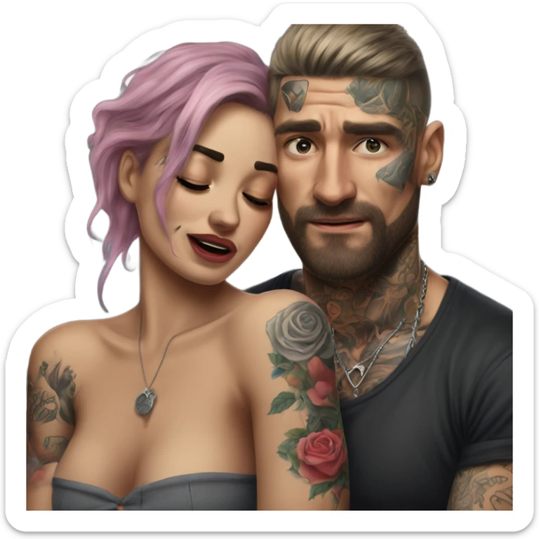 Hyper Realistic Beautiful tattooed woman crying in the arms of a handsome tattooed man  sticker