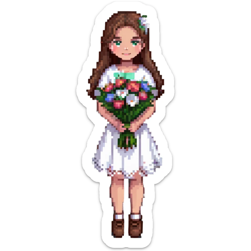 girl with brown hair wearing a white skirt holding a bouquet of flowers sticker