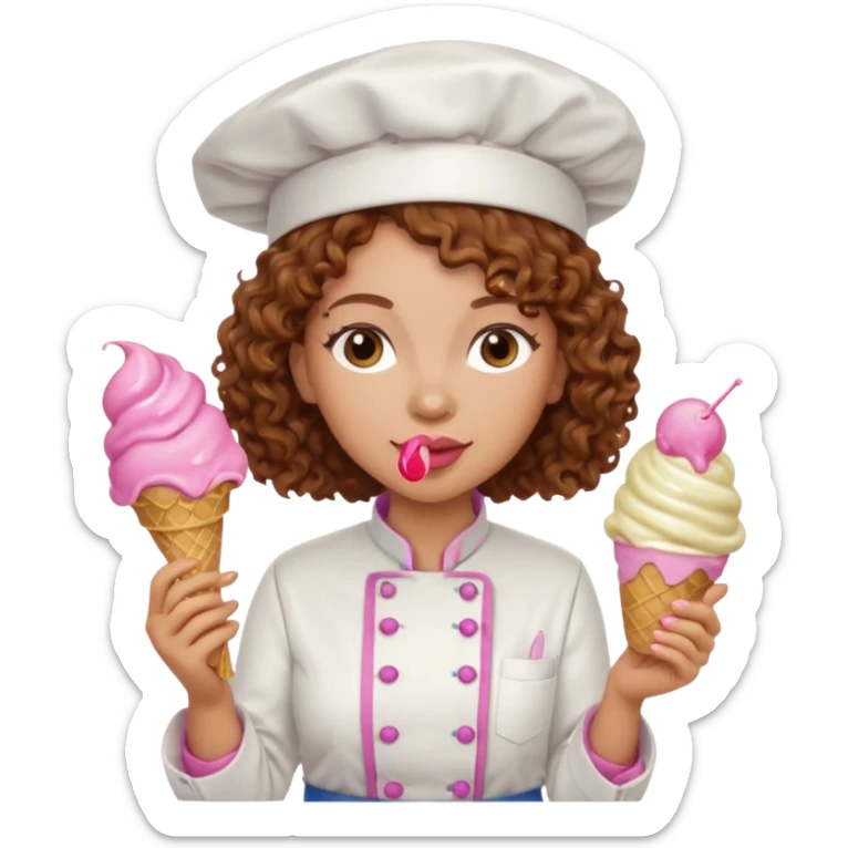 woman brown curly hair, chef, eating pink ice cream sticker