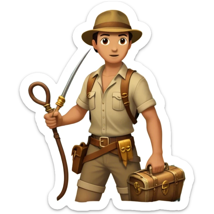 Icon for Adventure Movie: A vintage movie poster-style collage with an adventurous explorer holding a whip, a treasure map, ancient ruins, and traps. Include jungle vines, mysterious artifacts, and a daring escape scene. Retro cinematic vibe. Transparent background. sticker