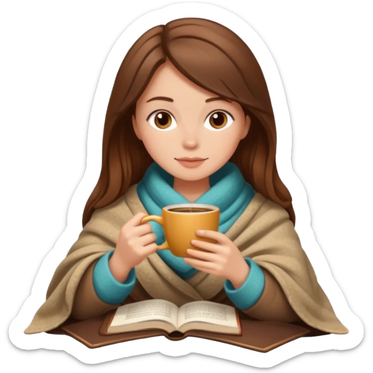 Beige Brown hair Girl drinking coffee, with a cozy blanket and book sticker