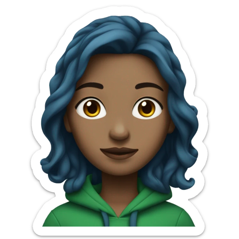 white girl with long wavy dark blue middle parted hair wearing green hoodie sticker