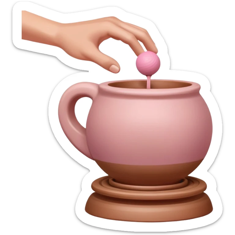 one hand throwing a pink ball of clay onto a pottery wheel sticker