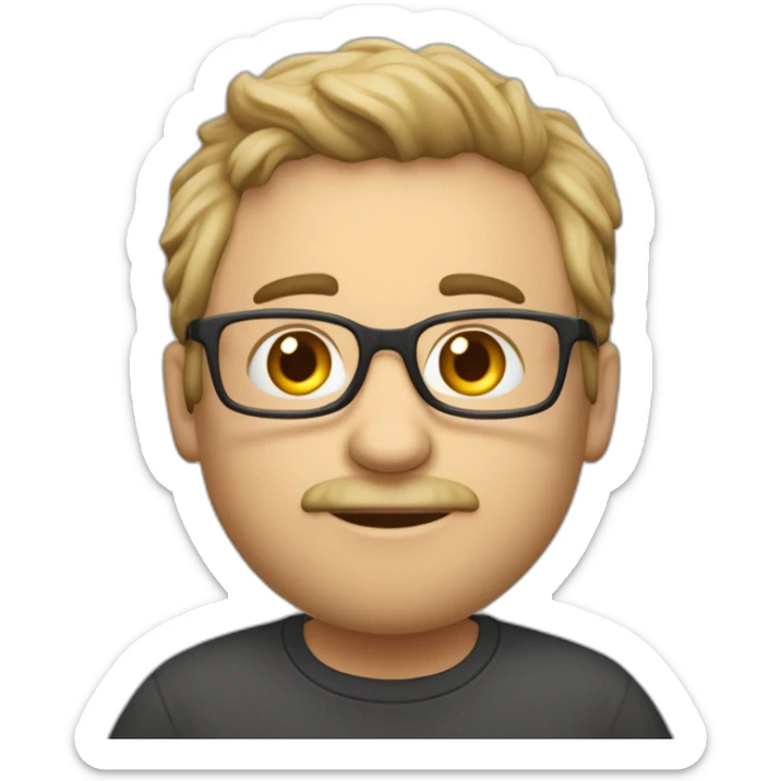 homme 50 ans un peu gros avec des lunnettes une calvitie et un t shirt avec écrit jalix dessus sticker