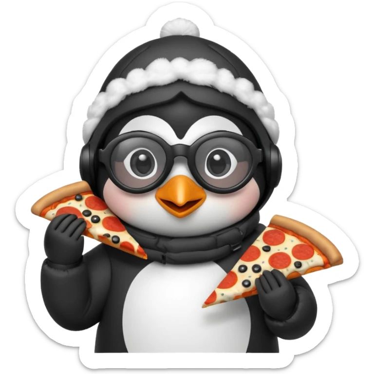 cute penguin eating pizza, skiing glasses on top of head, wearing a puffy coat sticker