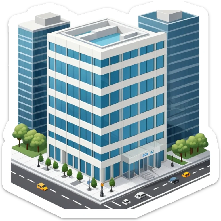 NYC corporate office building exterior, isometric dollhouse-style, highly detailed  sticker