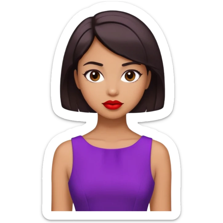 girl tan skin, dark brown short hair, dress purple, red lipstick sticker