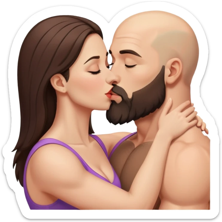 Muscular Bald man with a beard passionately kissing his young brunette wife  sticker