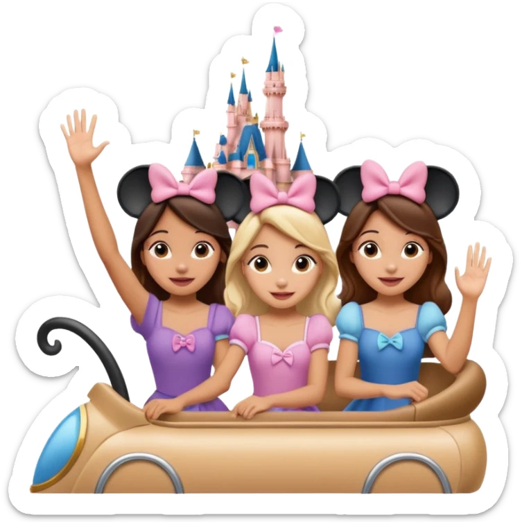 quatro chicas montadas en una atraccion de Disney paris levantando la mano sin el castillo detras sticker