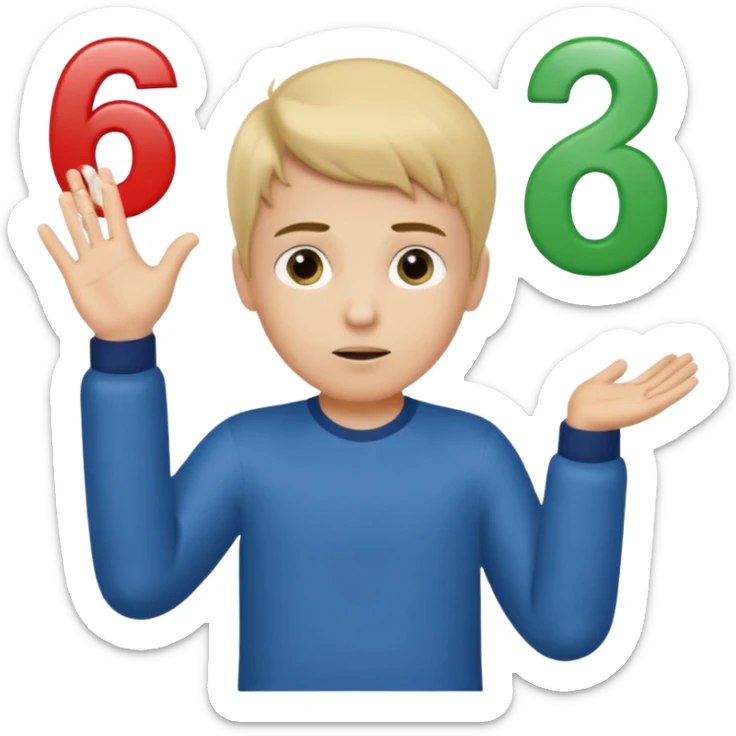 A boy shrugging with the number 6 over one hand and the number 7 over the other  sticker