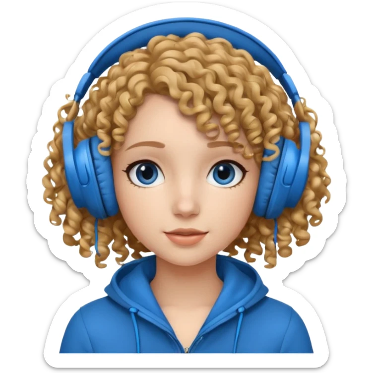 A girl with curly hair listening to music with blue headphones sticker