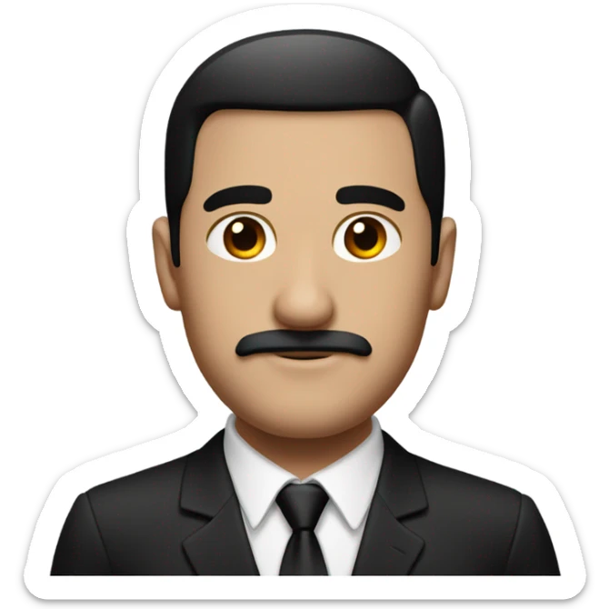 Man with black suit and red band on the arm of it with a black combover and a short black mustache  sticker