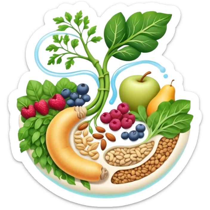 Whole grains, beans, lentils, colorful fruits, leafy greens, and small nuts surrounding an ethereal digestive system with visible intestinal tract. Gentle cleansing light flows through the intestines like a magical river, showing fiber's purifying effect. sticker