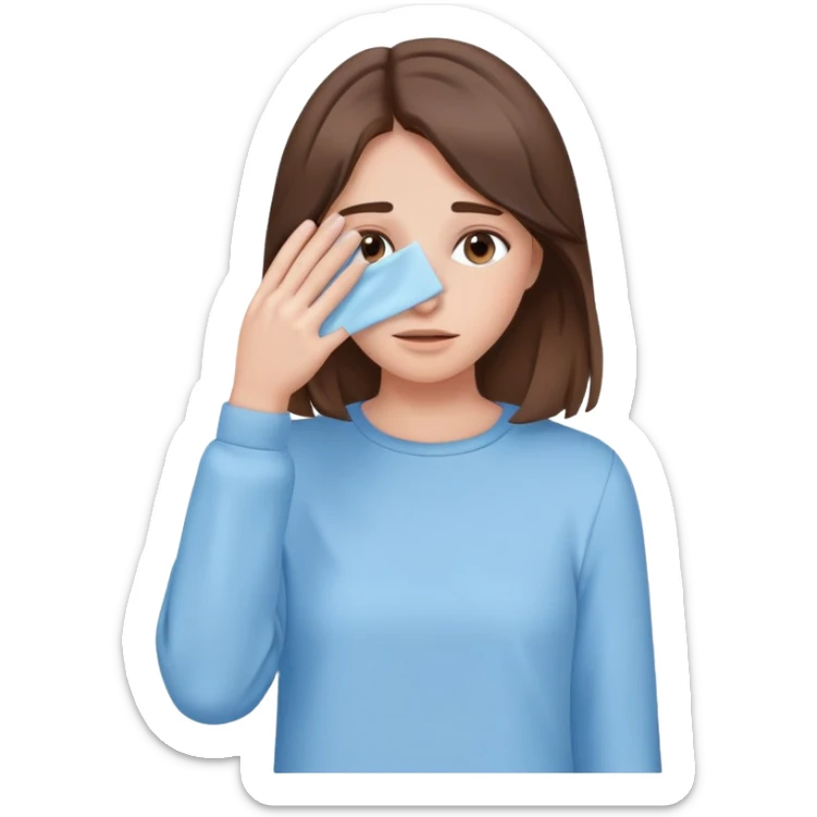 brunette girl with brown hair wearing pastel blue clothes covering her face with her hand sticker