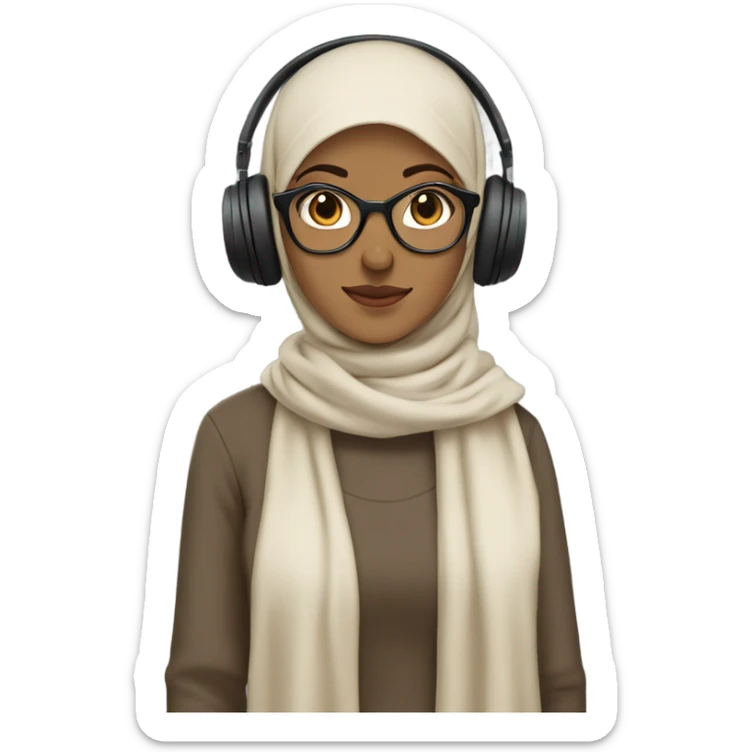 a hijabi girl her outfit includes a beige sweater paired with a brown hijab styled neatly around the head. The character is also wearing large black headphones and rectangular glasses, completing the practical and casual vibe. sticker