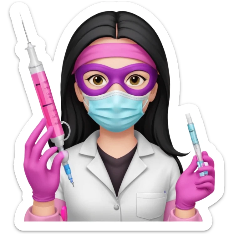 laboratorista con guantes rosa y mascarilla rosa  jeringa tubos  pelo negro largo triguella sin lentes pelo lacio negro y largo  sticker