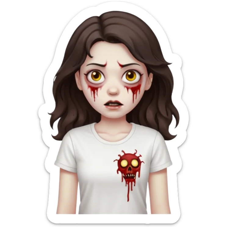zombie girl who has wavy dark brown hair and a white t shirt sticker