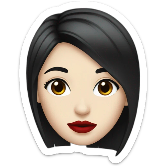 straight black hair,red lipstick,black eyes, white skin and a small nose sticker