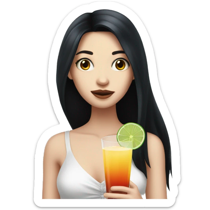 Pale girl with long black hair with chest holding cocktail sticker